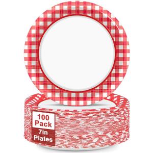 100pcs 7inch Red and White Plates Gingham Checkered Plaid Tableware Baby Shower Red Gingham Dessert Disposable paper Dinnerware for Picnic Barbecue Baby Shower Birthday Party Decorations