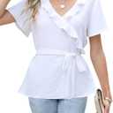 CiCiBird Women Dressy Casual Shirt Ruffle Wrap V Neck Tops Tie Waist Peplum Business Work Blouse (Blue, L)