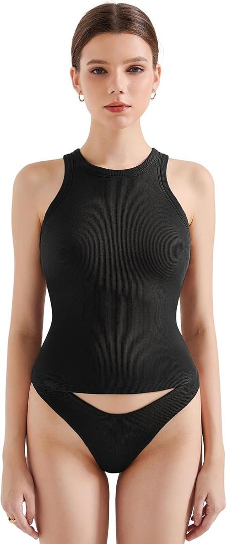SUUKSESS Women Padded Cotton Ribbed Tank Tops 2025 High Neck Racerback Basic Tops (Large, Black)
