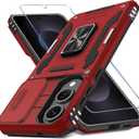 DEERLAMN Case for Samsung Galaxy S25 Edge with Slide Camera Cover+Screen Protector (1 Pack), Rotated Ring Kickstand Military Grade Shockproof Protective Cover-Red