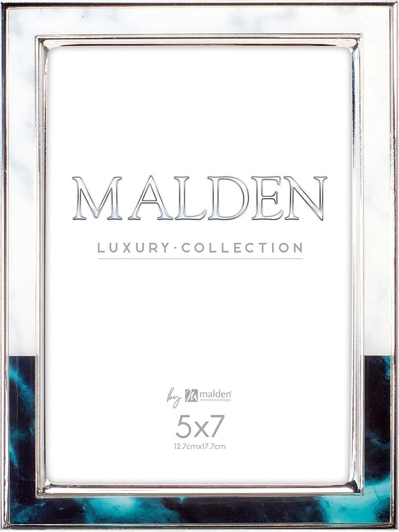 Malden International Designs 5x7 Two Tone Marbled Metal Picture Frame White Emerald Green Shiny Silver Finish
