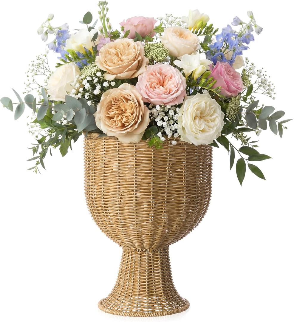 Faux Rattan Vase Wicker Vase Country Style, No Handle, 12.6" h | Wood Woven Basket Wicker Flower Pot for Dining Table Centerpieces Bedroom Corner Hallway Indoor Office Home Decor