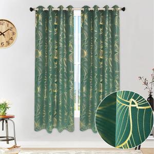 Leaf Blackout Curtains 84 Inch Long Foil Print Semi Blackout Window Curtains for Bedroom Living Room Home Decoration, Set of 2, Green