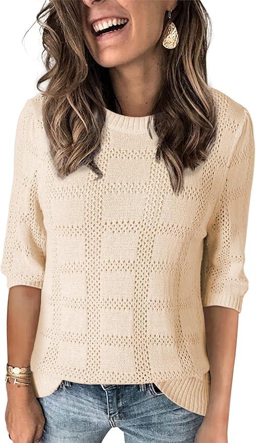 Dokotoo Women's Casual Short Sleeve Loose Tunic Tops Lightweight Crochet Knit Summer Sweaters Blouses (Color: Apricot, Size M)