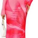 ZESICA Women's Long Sleeve Floral Maxi Dress 2026 Fall Off Shoulder Bodycon Ruched Mesh Cocktail Wedding Guest Dresses (Pink, S)
