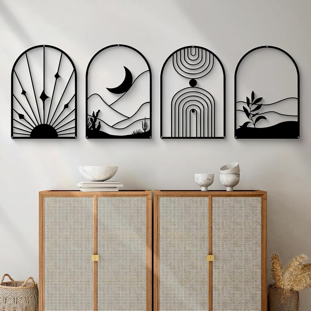 Glamativity 4 Pack Black Abstract Metal Wall Art, Minimalist Dcor Single Line Art Wall Dcor, 3D Textured Metal Wall Sculptures, for Living Room Bedroom Bathroom Study Room (Black Boho, L Size 22.5 x 15.7'')