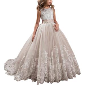 Princess Champagne Long Girls Pageant Dresses Kids Prom Puffy Tulle Ball Gown US 4