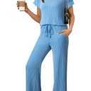 SHEWIN Women Summer Two Piece Sets Ladies Work Lounge Sets Fall Crewneck Loose Fit Airport Outfit Ribbed Knit Tops Wide Leg Pants 2026 Clothes Size L, Blue (L)
