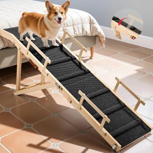 Dog Ramp for Bed with Rails, 64" Long Foldable Pet Ramp for Small Large Dogs, Dog Ramps for High Beds with Safety Side Railng, 6 Adjustable Heights 24" to 30" Up to 220LBS (Black, 64" X 17inch)