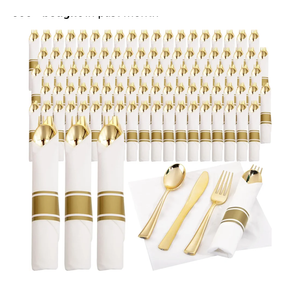 Supernal 120Pack Gold Plastic Silverware Wrapped Plastic Cutlery Set with Napkin,Pre Rolled Napkins with Cutlery Set,Rolled Silverware Disposable For Valentine's Day Mother's Day and Easter
