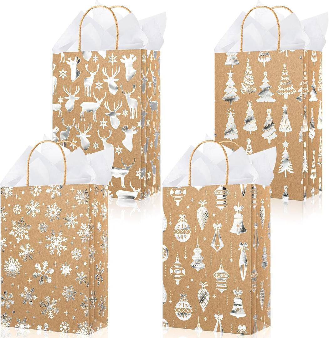 Silkfly 50 Pack Small Christmas Gift Bags Bulk with 50 Tissue Paper, Kraft Paper Metallic Candy Goodie Bags Winter Snowflake Party Favors Bag for Xmas Holiday Birthday Party Supplies(Brown Silver)