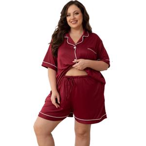 Women Plus Size Pajamas Button Down Short Sleeve Top & Shorts Lounge Sets Outfit Summer Soft Pj Bride Sleepwear (Red, 4XL)