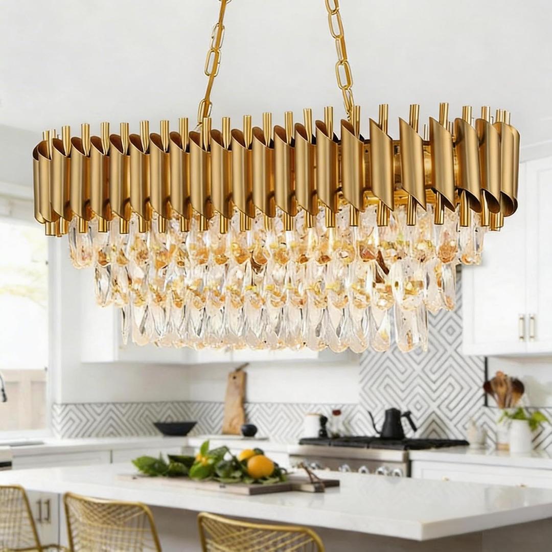 Oval Contemporary Ceiling Hanging Light, L32in Luxury Gold Chandelier Modern Rectangular Chandelier Linear Ceiling Pendant Light for Bedroom Kitchen 8Lights