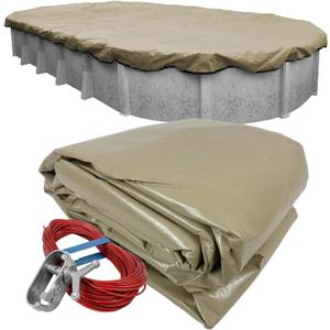 Robelle 12 x 24 ft Premium Winter Oval Pool Cover for Above Ground Pools | Tan Pool Cover, 4 ft Overlap (16 x 28ft Cover Size), Solid 14 x 14 Scrim, 5.2 oz/yd2, Style: 311224-4A