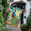 2 x Peacock House Flag 28x40 Inch Double Sided Garden Flag with Colorful Stained Glass Bird and Floral Design for Yard Porch Outdoor Decor Spring Summer Vertical Banner Decorative Art