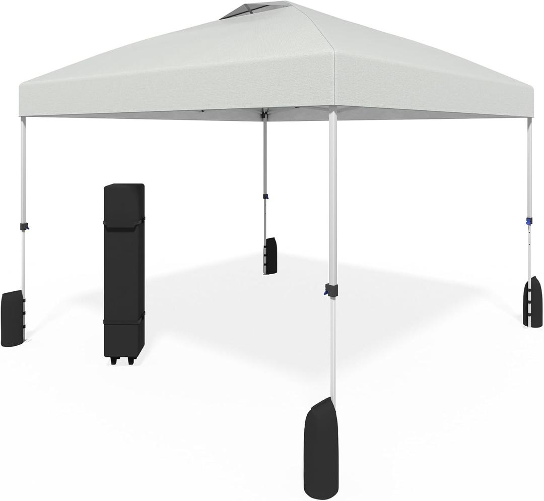 10x10 Pop Up Canopy - Instant Setup Beach Tent with Wheeled Carry Bag, 8 Sandbags & 4 Guy Lines - Portable Sun Shade for Camping, Events, Silver Coated Top, White 10x10 Pop Up Canopy - Instant Setup Beach Tent with Wheeled Carry Bag, 8 Sandbags & 4 Guy Lines - Portable Sun Shade for Camping, Events, Silver Coated Top, White