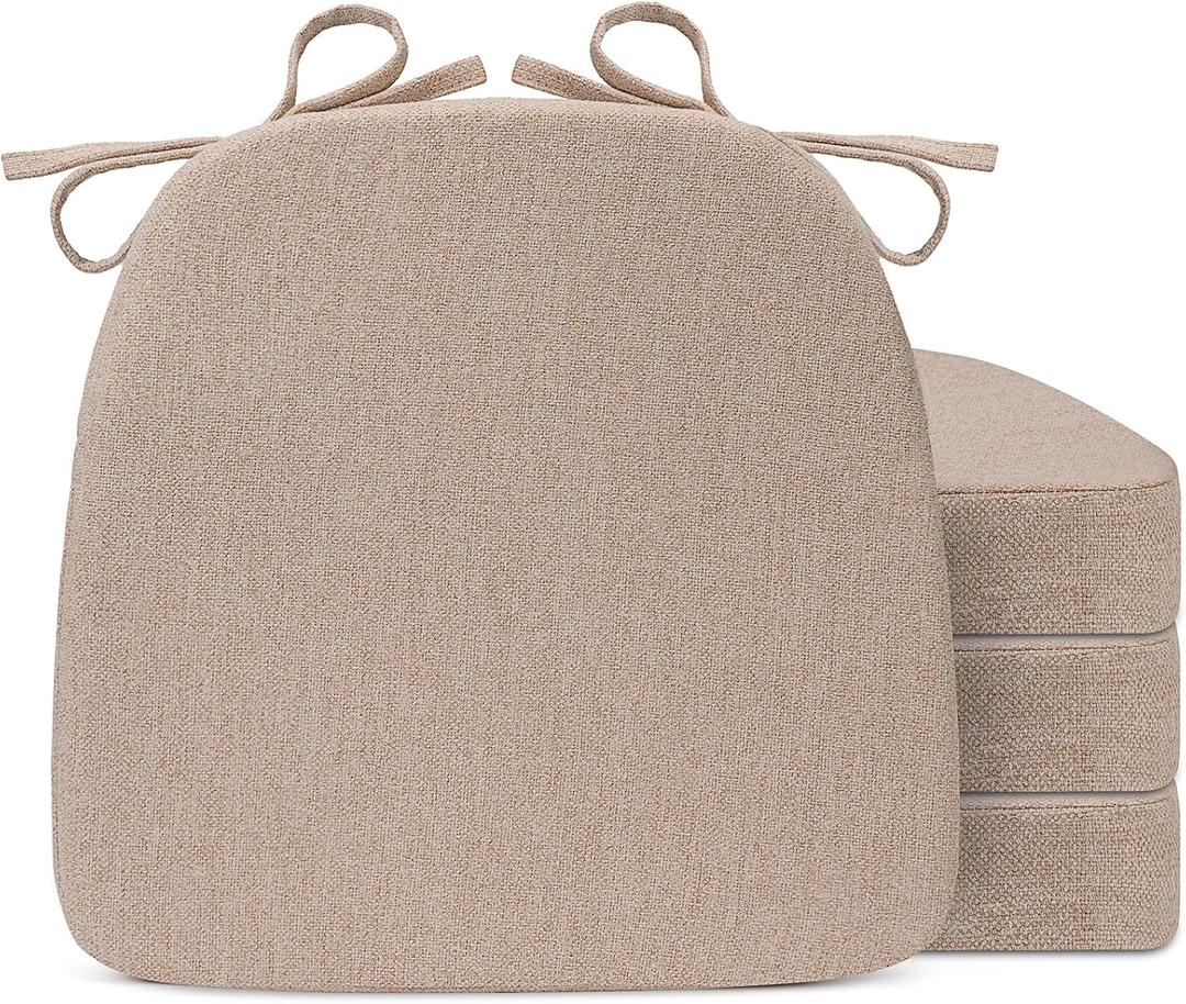 Sunsleek Chair Cushions for Dining Chairs, D-Shaped Seat Cushions with Removable Washable Cover and Ties, Chair Pads for Kitchen, Indoor Dining Room, Patio Chairs, 17'' x 16'', Set of 4, Khaki