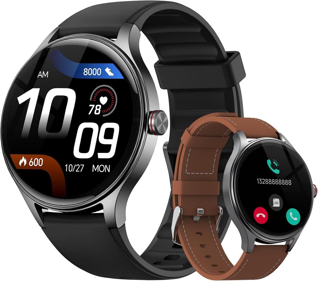 Smart Watches for Men/Women (2 Bands), 1.27“ Round Smartwatch Fitness Tracker with Bluetooth Calls (Make/Answer), Heart Rate/SpO2/Sleep Monitor, 12 Days Battery, IP68 Waterproof