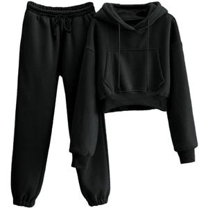LTSCNRM Women's 2 Piece Airport Outfits Fleece Crop Hoodies Pullover Sweatshirt Sweatsuits Joggers Pants Pockets (Large, Black)