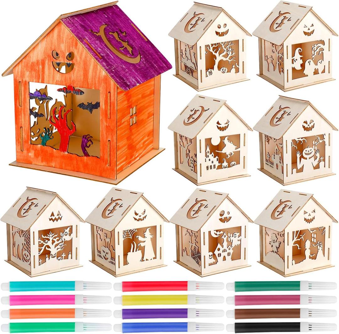 9 Pcs Haunted House Kit Painting Halloween Crafts for Kids Wooden Houses with Colors Markers DIY Graffiti Crafts Pumpkin Witch Ghost Haunted House for Kids Paint Art