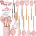 Umite Chef Silicone Kitchen Utensils Set, 33 Piece Non-Stick Kitchen Utensils with Stand, Wooden Handle, Pink