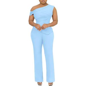 Aro Lora Womens 2 Piece Outfits Sexy One Shoulder Ruched Irregular Hem Top Pant Set Dressy Pant Suits (Blue) XL
