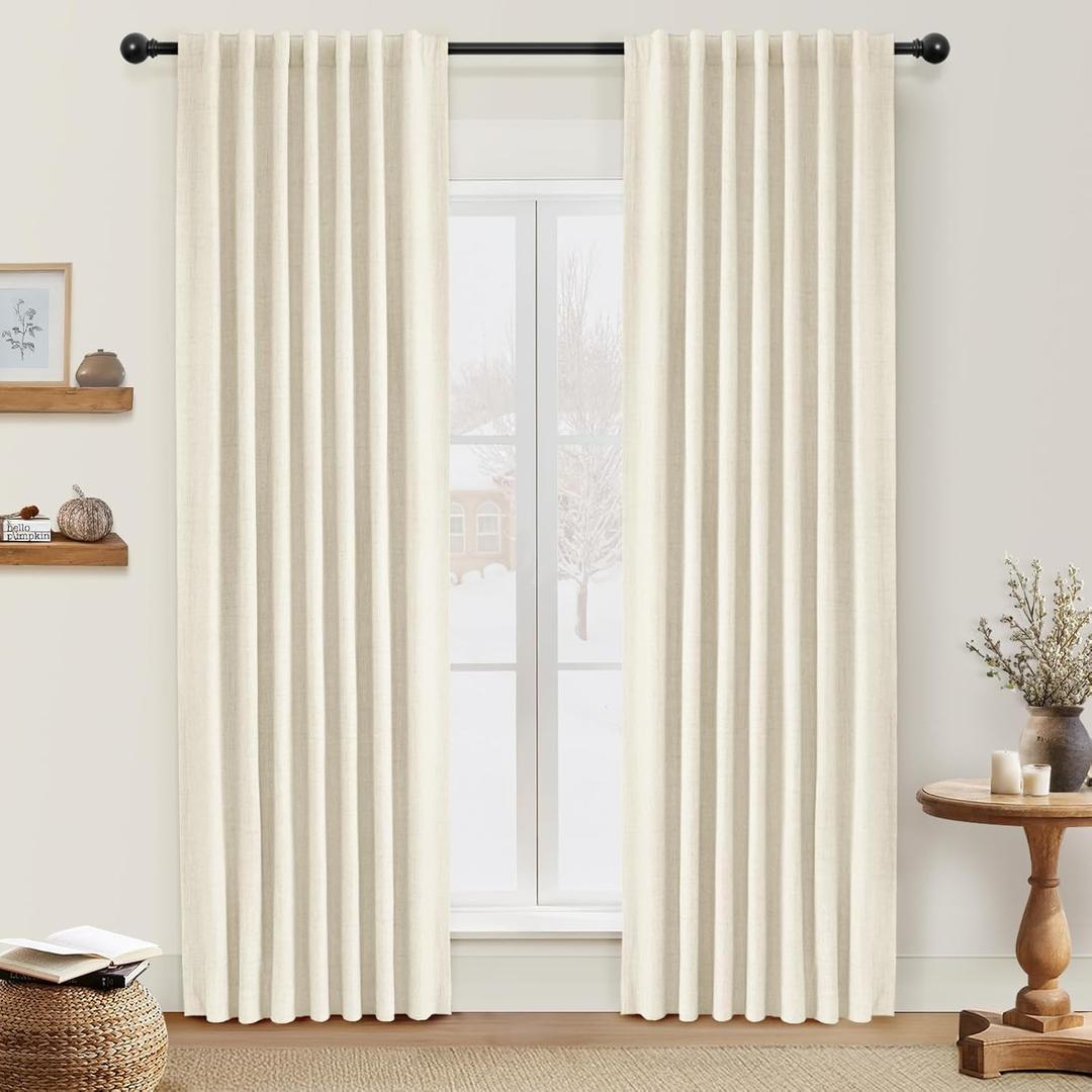 100% Blackout Curtains 84 Inches Length 2 Panels Set, Back Tab/Rod Pocket Linen Black Out Curtains for Bedroom, Thermal Insulated Window Drapes - Light Cream, W50 X L84
