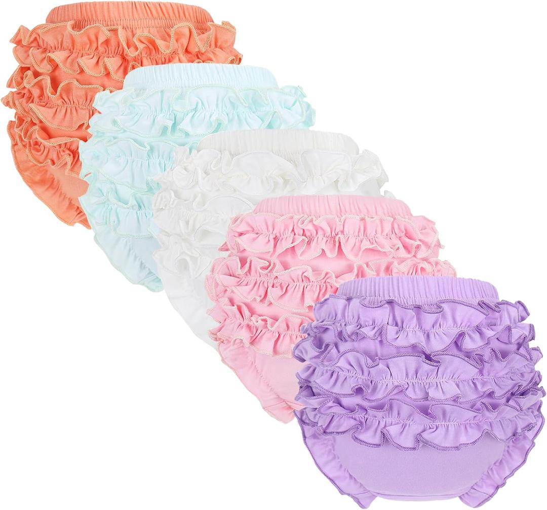 5 Pack Ruffle Diaper Cover - Baby Bloomers, Cute Cotton Baby Girl Shorts,Briefs- Panties for Toddler Girls (6-9 Months, Mix Color)