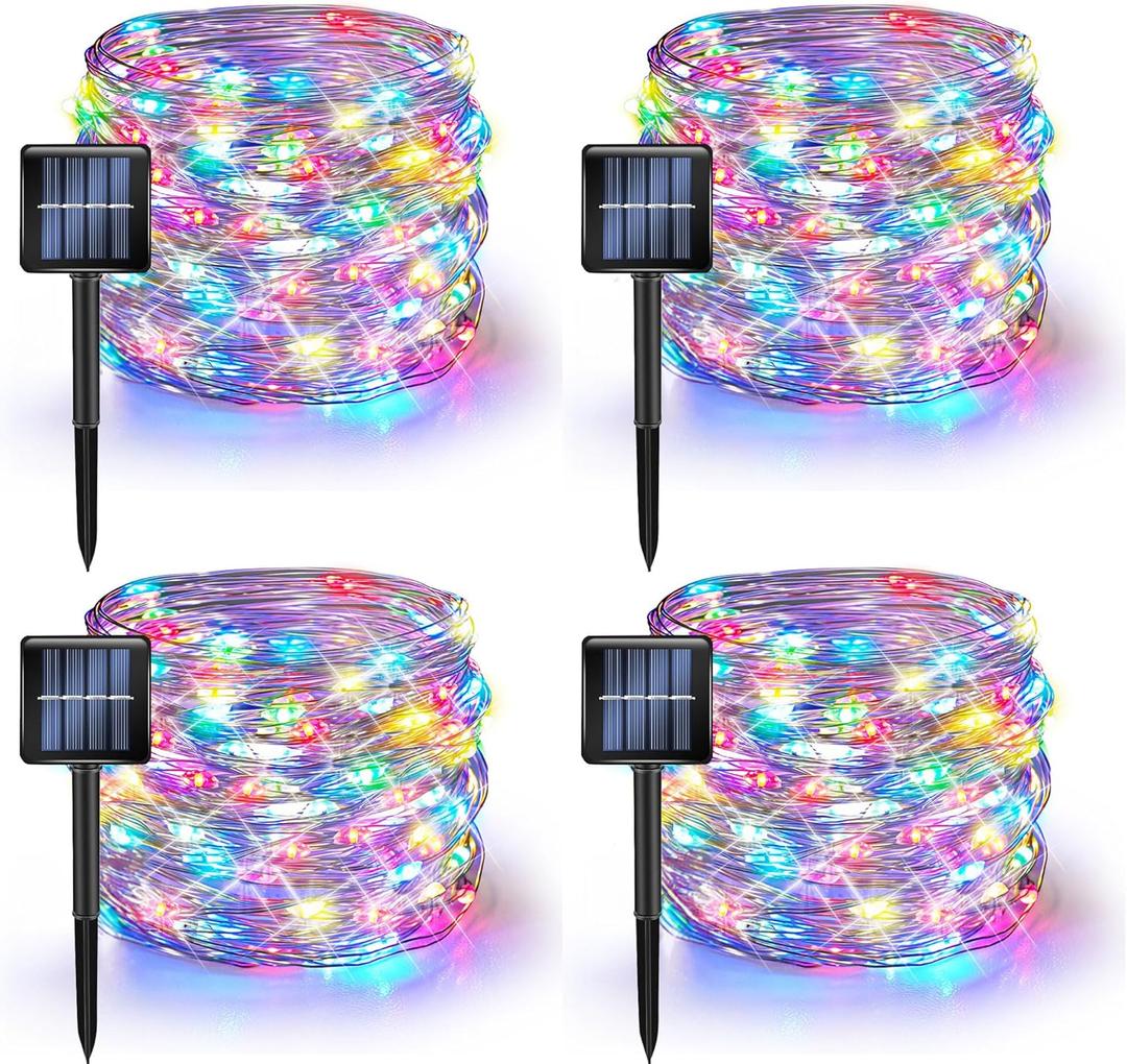 Dazzle Bright 4 Pack Solar String Lights Outdoor, Total 160FT 480LED Solar Powered Waterproof Fairy Lights 8 Modes, Silver Wire Lights for Christmas Patio Party Tree Yard Decoration (Multi Color)