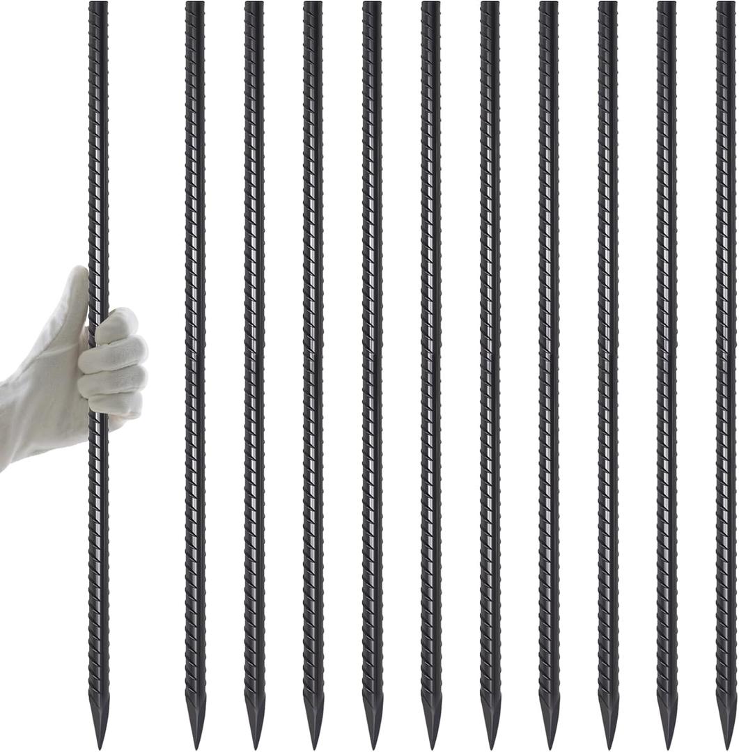 AAGUT Rebar Stakes 24 Inch 10 Pcs Landscape Timber Spikes 1/2", Heavy Duty Straight Garden Plant Stakes for Concrete Forming, Ground Anchors with Chisel Point End, Black