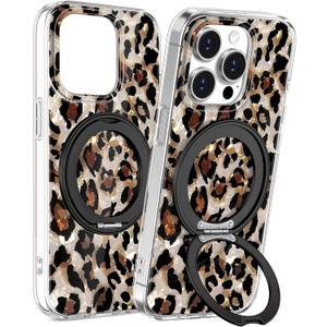 Loheckle for iPhone 14 Pro Case with Stand- Compatible with MagSafe Women Girls Cute Girly Aesthetic Unique Design Soft TPU Magnetic Ring Phone Cover for Apple 14 Pro, Leopard