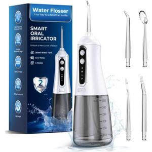 Water Flosser for Teeth Cleaning Pick: Portable Cordless Oral Irrigator350ML, 4 Modes 4 nozzles,IPX7 Waterproof Rechargeable Design  Perfect for Travel and Daily Deep Cleaning Gum Care at Home (White)