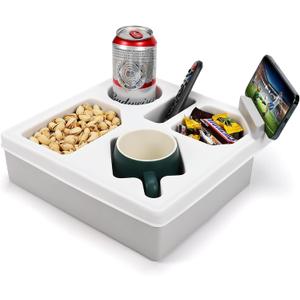 Couch Cup Holder Tray, Silicone Sofa Couch Caddy for Bed Car Seat Beach Organizer, Waterproof Cup Holder with Phone Stand for TV Remote, Snacks, Drinks, Cellphone (White)