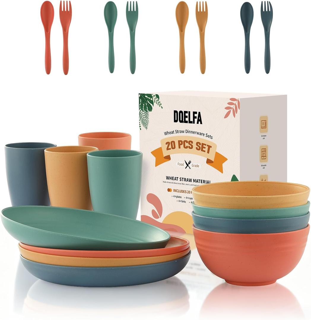 20PCS Wheat Straw Dinnerware Sets, DQELFA Reusable Kids Toddler Plates and Bowls Sets, Unbreakable Lightweight Kids Dish Set, Microwave and Dishwasher Safe