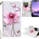 for iPhone 13 Wallet Case, for iPhone 14 Wallet Case, Floral Pattern PU Leather Cute Flip Cover Women Girl [Wrist Strap][Card Cash Slots][Kickstand] (Pearl Flower)