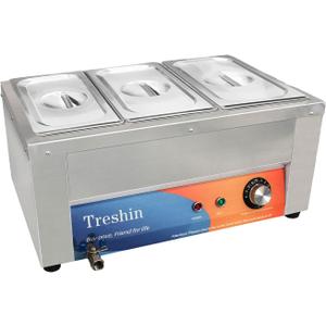 Treshin 3 Pan Commercial Food Warmer 21 Qt Capacity 1200W Stainless Steel Electrical Bain Marie Buffet Food Warmer Steam Table with Temperature Control & Lid for Home, Party, Catering, Restaurants