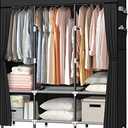 LOKEME Portable Wardrobe, 61-Inch with 3 Hanging Rods and 6 Storage Shelves, Non-Woven Fabric, Stable and Easy Assembly Black Portable Closets for Hanging Clothes with Side Pockets