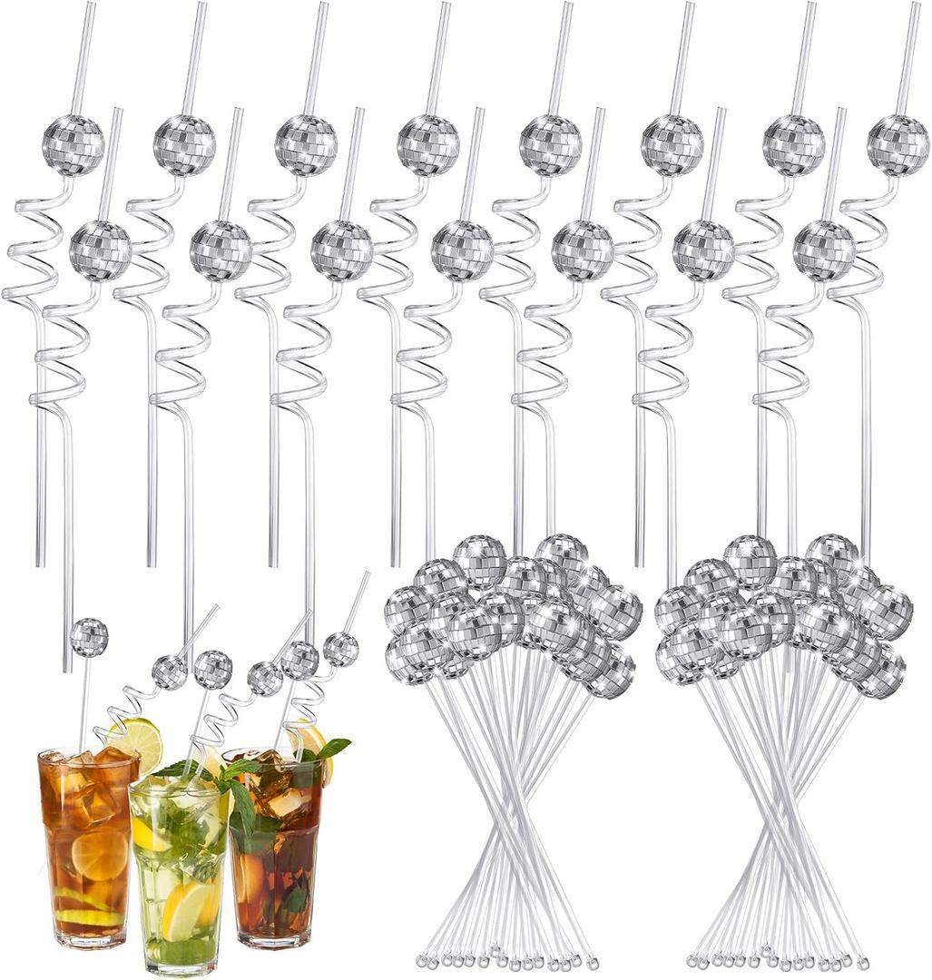 45 Pcs Disco Party Decorations Mini Disco Ball Straws & Stir Sticks 70s Plastic Stirrers Straws Mirror Decor for Bachelorette Party Weddings Birthdays Holiday Supplies