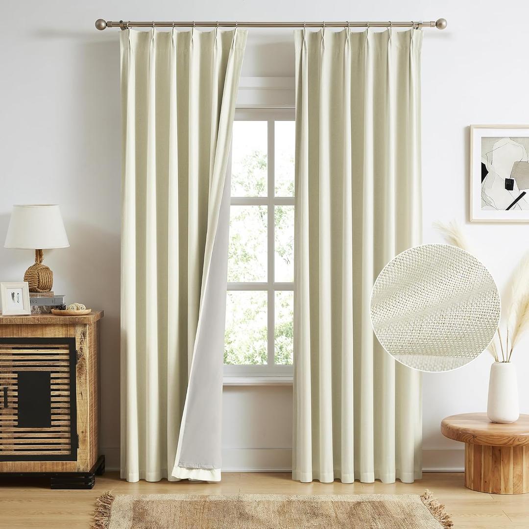 MAIHER Pinch Pleated Back Tab Curtains 96 Inches Long, Linen Texture Full Blackout Pleated Drapes with Hooks 2 Panels Set for Living Room, 40"x96", Cream Beige