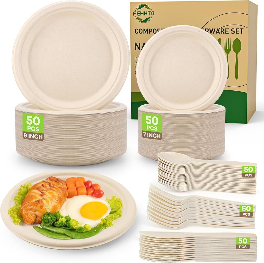 Compostable Paper Plates Set, 250PCS Disposable Heavy-Duty Sugarcane Plate and Eco-Friendly Utensil Biodegradable Dinnerware Plates, Extra Long Forks & Knives & Spoons for Party (Brown)