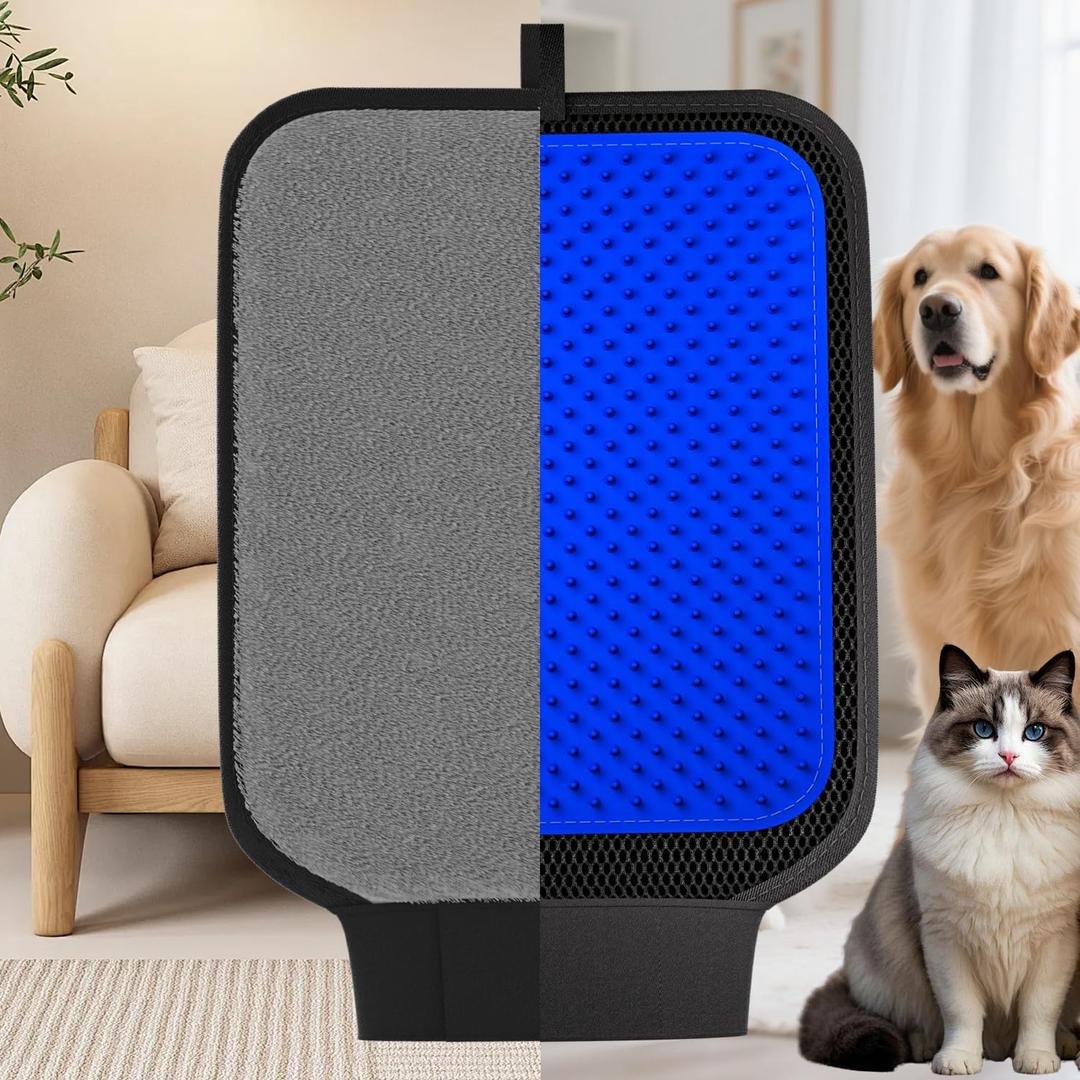 2 in 1 Pet Hair Removal Glove, Upgraded Pet Hair Remover Tool with Wrist Strap, Gentle Shedding Silicone Brushes for Dogs & Cats, Efficient Fur Removal Mitts for Couch Carpet Clothing (Blue)