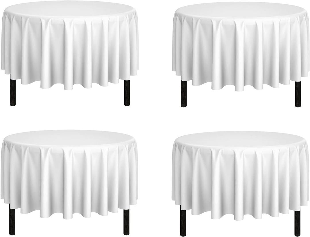 Pomp White 90" Inch Round Premium Polyester Tablecloth (4 Pack) | Wrinkle + Stain Resistant Easy Care Fabric | Fits Round or Circle Table
