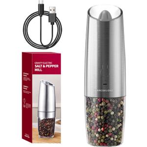 USB-C Rechargeable Gravity Electric Salt and Pepper Grinder, Adjustable Coarseness, White LED Light, One-Touch Activation For Spices and More (Single, Stainless Steel-Rechargeable)