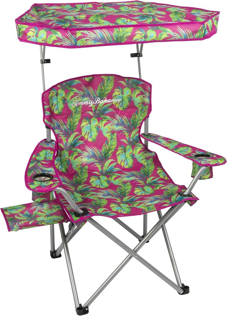Tommy Bahama Extra-Wide Folding Beach Chair with Max Shade Canopy, Side Table, and Cup Holders, 25" W Outdoor Portable Camping Chair with Canopy, Supports up to 500 lbs., Pink/Green
