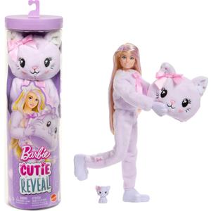 Barbie Cutie Reveal Doll & Accessories, Cuddly Series Kitten with 10 Surprises Including Color Change & Mini Pet
