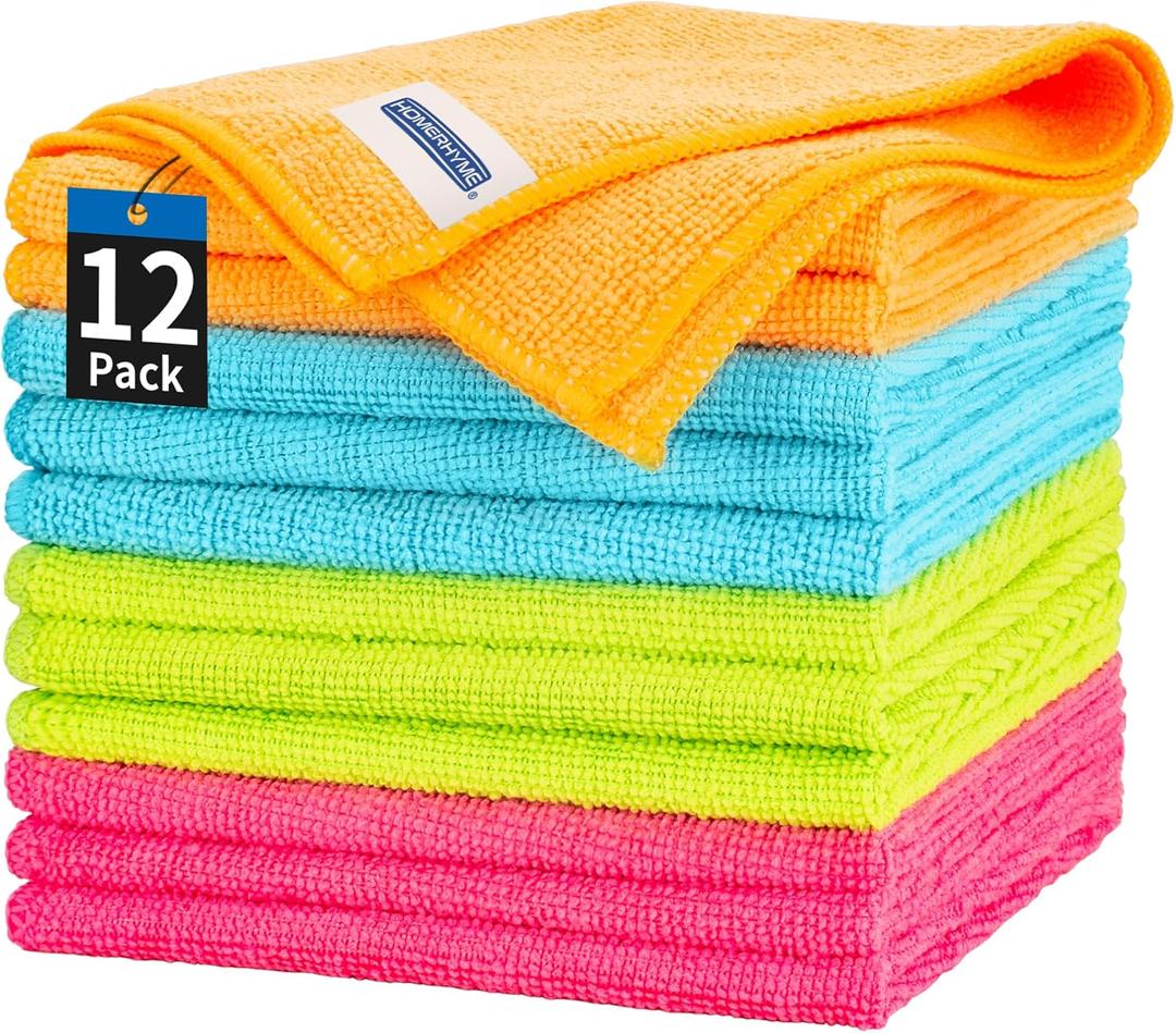 HOMERHYME Microfiber Cleaning Cloth, 12 Pack Cleaning Rags, 12" x 12" Microfiber Towel, Lint Free Non-Abrasive Dusting Cloth, Microfiber Towels for Cars Kitchen Garage House Office (Multicolor)