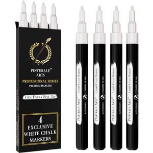 Pinturale Arts 4 Extra Fine Tip White Chalk Markers | 1mm Tip | For Windows, Blackboard, Dry Erase Board, Chalkboards, Glass, Easy Erase | White Chalk Pens Fine Tip