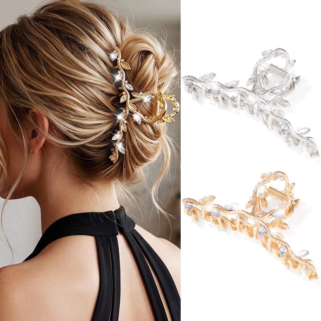 CAKURE Gold Claw Clip Fancy Hair Clips Rhinestone Hair Claw Clips Sparkly Hair Accessories for Women (Pack of 2) (a-gold&silver)