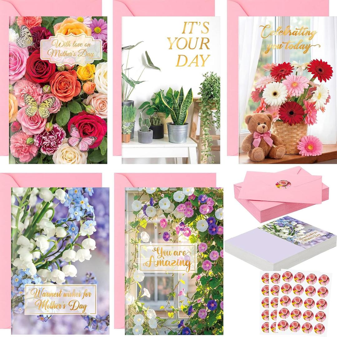 Eaasty 50 Sets Mother's Day Gold Foil Cards with Stickers and Envelopes Blank Inside Funny 5 Style Greeting Card Designs