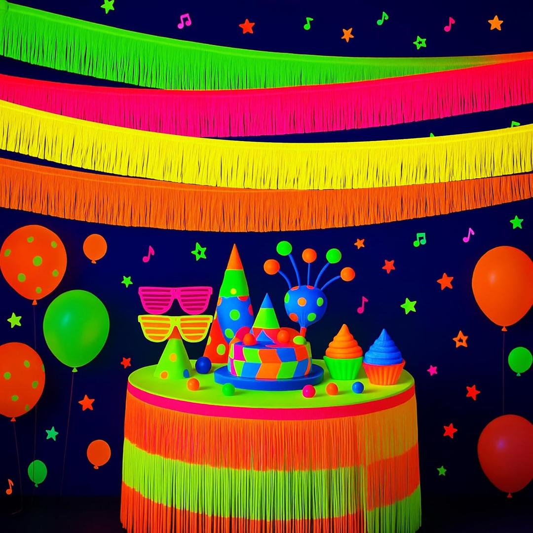 Tingjoo 12 Pack 120ft Glow in The Dark Party Supplies Neon Foil Fringe Garland Macaron Parade Float Neon Party Decorations Fluorescent Glow Tinsel Streamer Banner Table Skirt for 80s Birthday Holiday